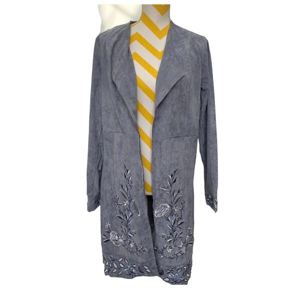 Curations Long Jacket Blue Faux Suede Boho Embroidered Duster Women Med ium NWT - Picture 1 of 16